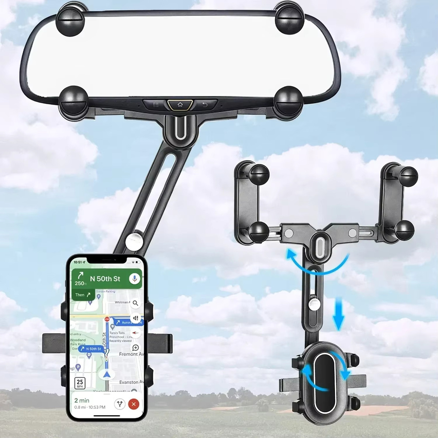360 Grad drehbarer und einziehbarer Rückspiegel-Handyhalter für das Auto in Schwarz - Bild 2
