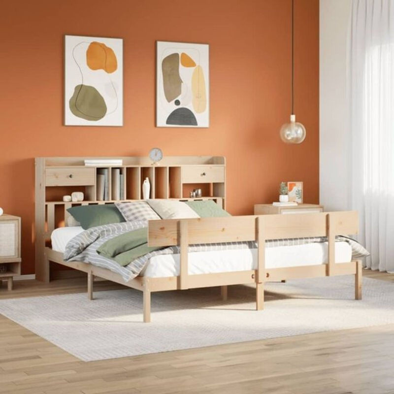 Massivholzbett Vidaxl aus Kiefer mit Regal in Natur und Weiß, Landhaus und Skandinavisch Stil, B/T/H: 180 x 200 x 110 cm - Bild 1