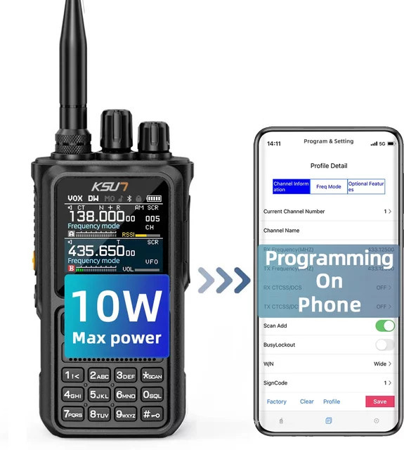 KSUN UV110D VHF UHF Dual Band HAM Funkgerät mit 10W Leistung, Bluetooth und SOS Taschenlampe, Schwarz - Bild 1