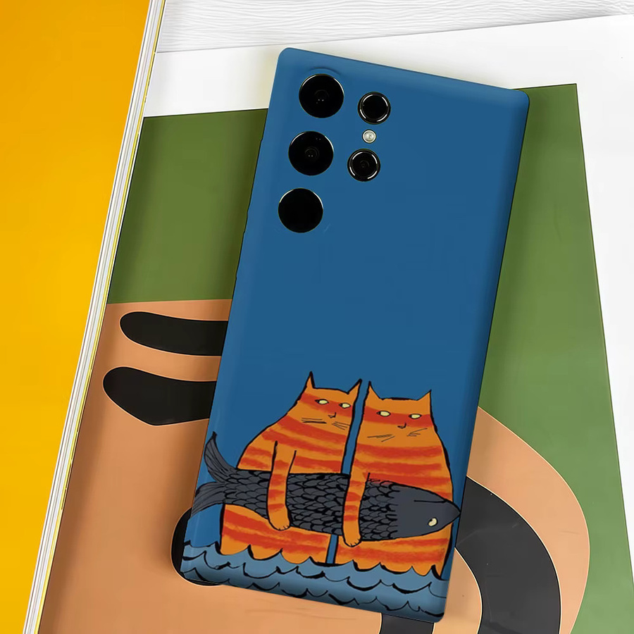 Aurbe Handyhülle für Samsung Galaxy S26 S25 S24 S23 Ultra Plus mit Twin Tabby Cats & Fish Design in Blau - Bild 4