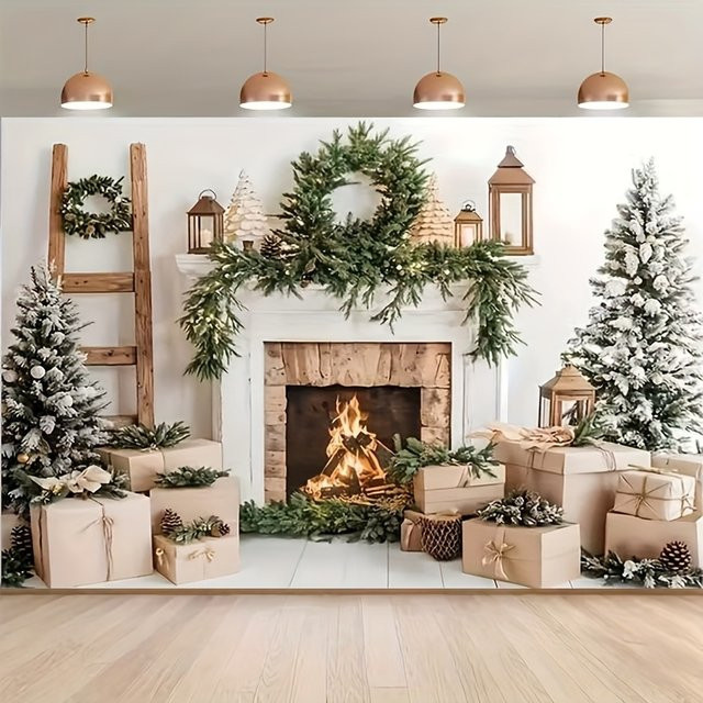 Weihnachtskamin Szene Hintergrund und Geschenkverpackungselemente aus Polyester, Mehrfarbig - Bild 1