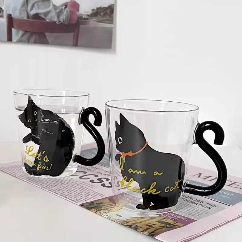 YWDL Schwarze Katze Glas-Kaffeetassen-Set, 250 ml, Transparent - Bild 3