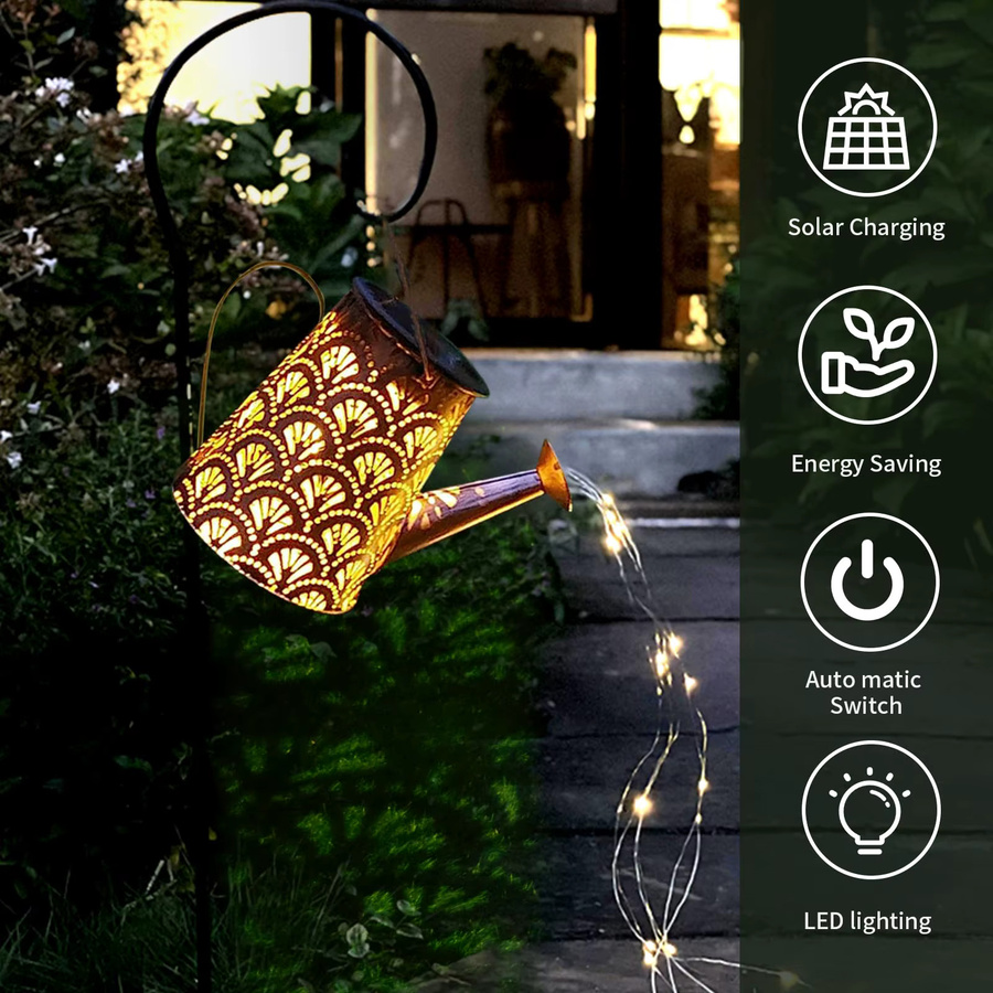 LQWELL Solar Gießkanne mit Wasserfall-Effekt und LED-Lichterkette, Wasserdichte Gartenleuchte in Gold/Messing für Garten, Terrasse und Balkon, Warmweiß - Bild 2