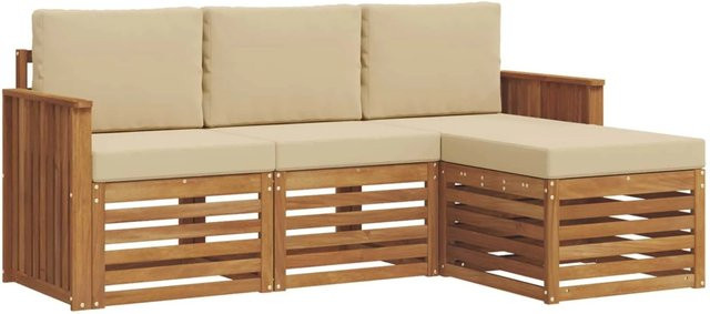 vidaXL Sofagarnitur 4-teilig aus Massivholz Akazie in Natur und Beige mit Sitzkissen und Rückenkissen im L-Shape Design - Bild 1