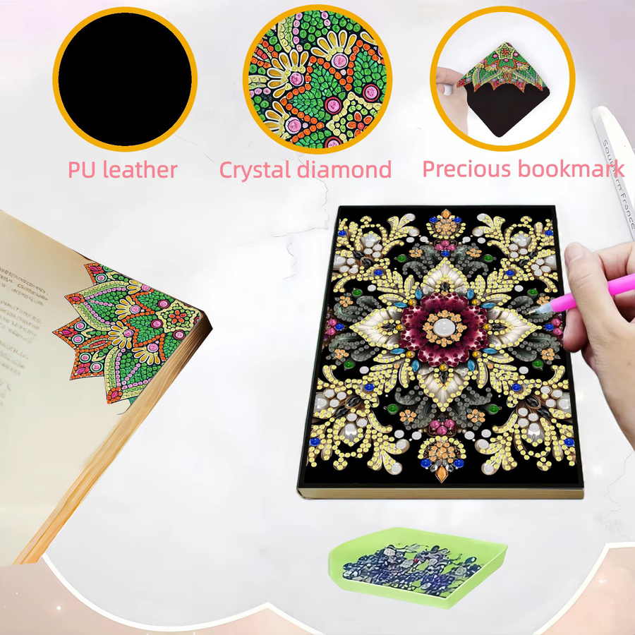 2er Set Diamond-Painting-Notizbuch mit Lesezeichen aus PU-Leder in Multicolour mit Mandala-Muster und Hardcover - Bild 4