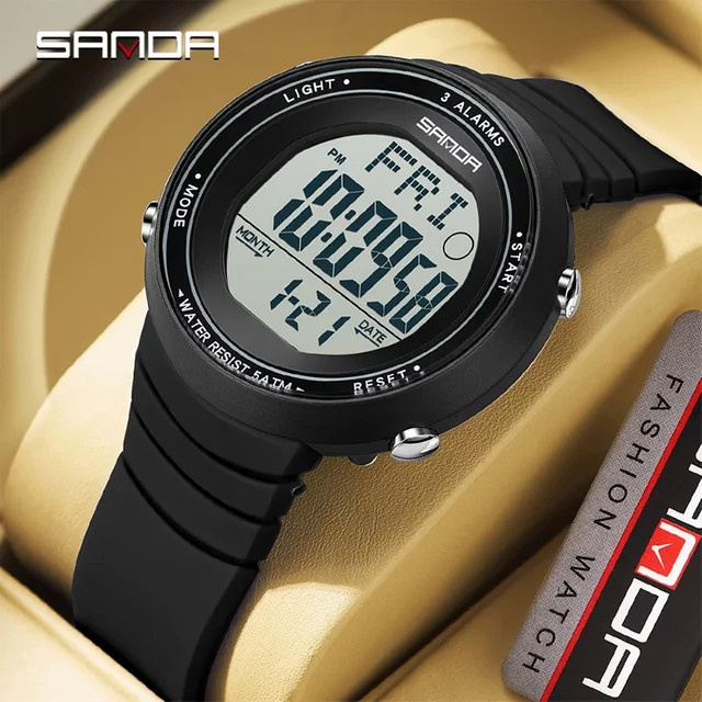 SANDA Digitaluhr, Silikonarmband, Schwarz, Unisex, 5 ATM - Bild 1