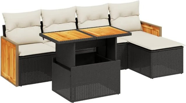 vidaXL 6-teilige Garten-Sofagarnitur aus Poly-Rattan und Akazienholz in Schwarz mit Kissen - Bild 1