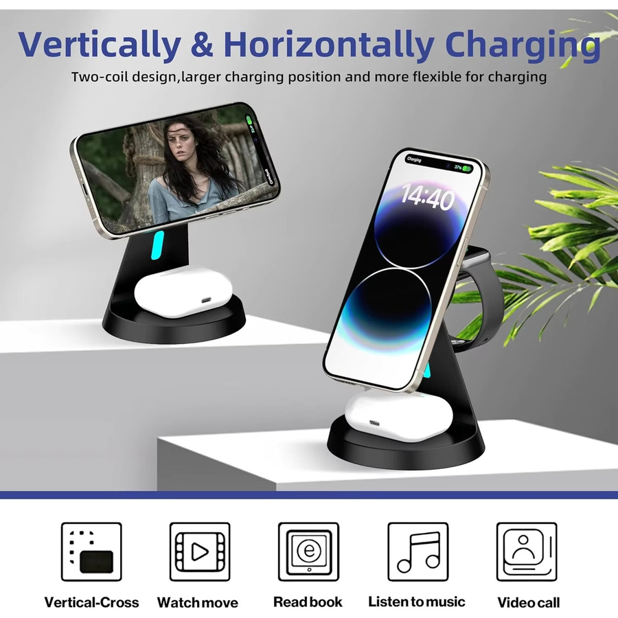 3-in-1 Magnetisches kabelloses Ladegerät Travel Dock für Apple iPhone, Apple Watch und AirPods Pro in Schwarz - Bild 2