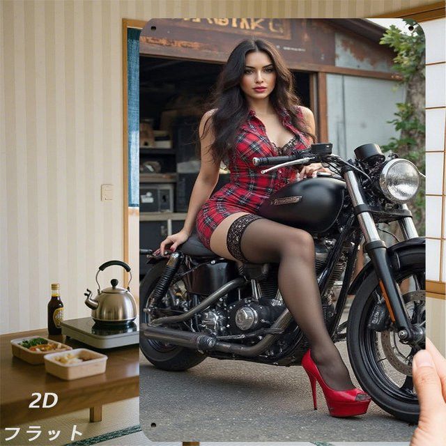 HELLOYOUNG Vintage Metallschild Motorrad Retro Blechkunst Wanddekoration mit rot kariertem Kleid, B: 20,3 cm, H: 30,5 cm - Bild 1