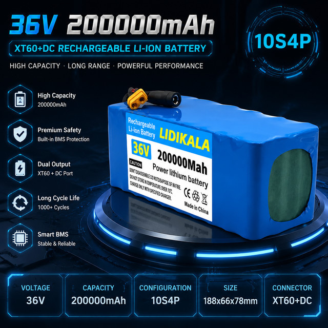 Ddadache 10S4P Lithium-Ionen-Akku 36V 200Ah 200000mAh Blau mit integriertem BMS-Schutz für Elektroroller und E-Bike - Bild 1