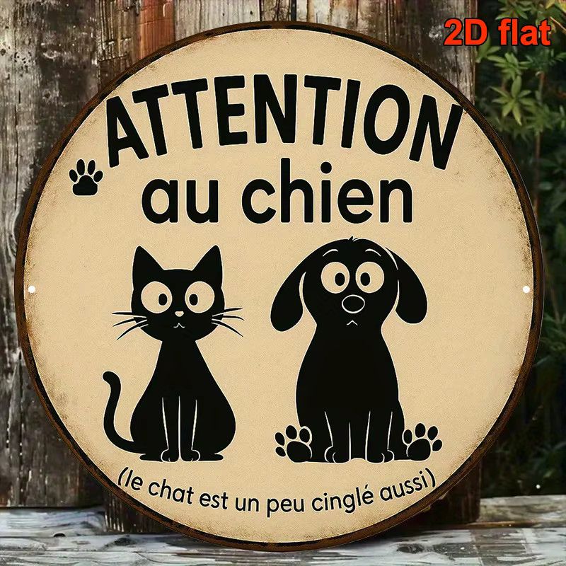 Potdemiel Rundes Vintage Warnschild Attention Au Chien mit Pfotenabdrücken Durchmesser: 20,3 cm - Bild 3