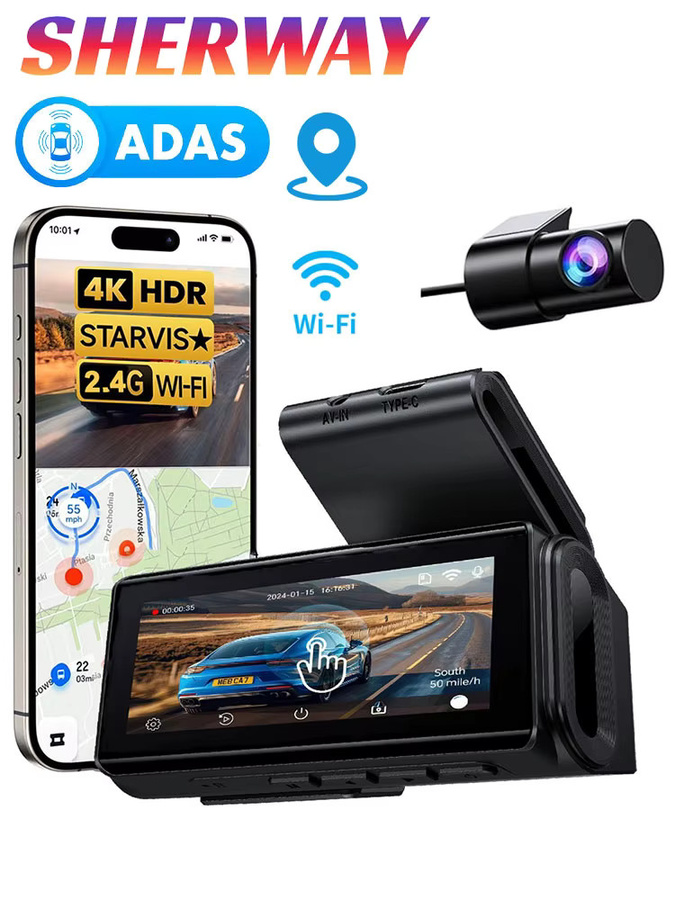 Sherway Dashcam 4K mit Zweikanal-Aufnahme und 2K HDR, 3,69 Zoll IPS Touchscreen, 24H Parküberwachung, ADAS und WIFI App, Schwarz - Bild 6
