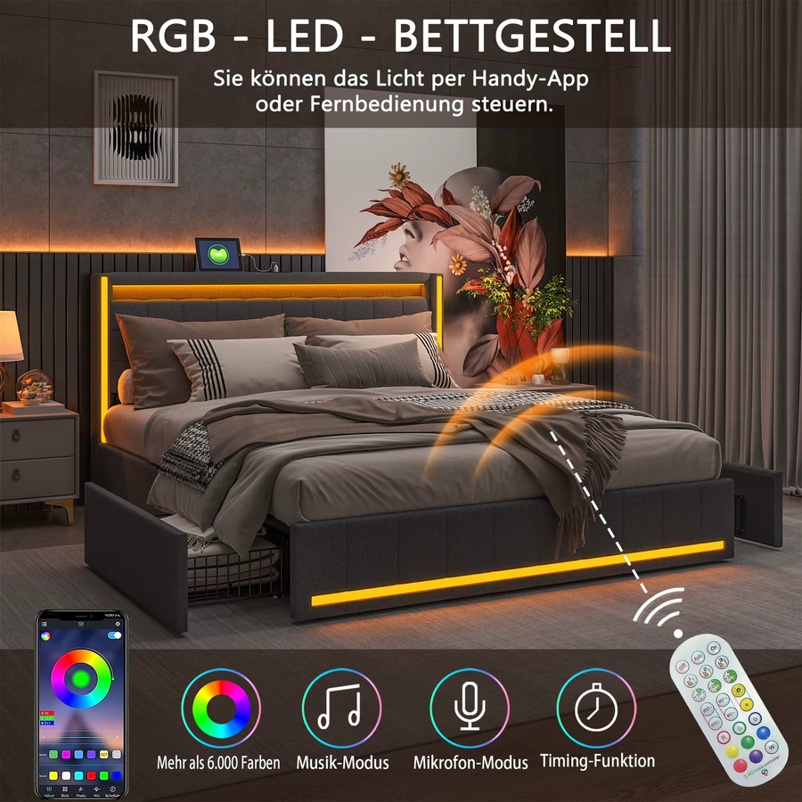 Anajqaqia Modernes Gepolstertes Doppelbett mit 4 Rollschubladen aus Leinenstoff in Grau, B/T: 160 x 200 cm - Bild 3