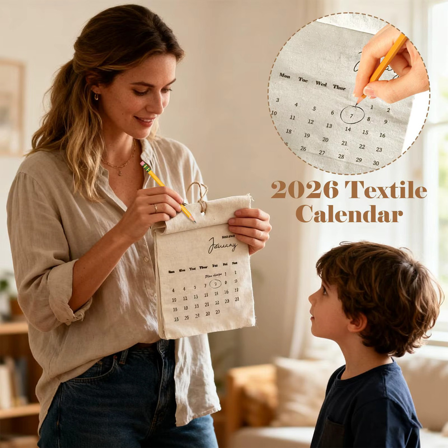 Textilkalender 2026 als hängbarer Jahresplaner für 12 Monate in Weiß - Bild 1