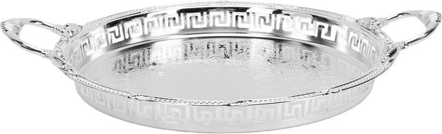 Rundes Serviertablett aus Metall in Silber und Grau mit Griffen und Vintage-Gravur - Bild 1