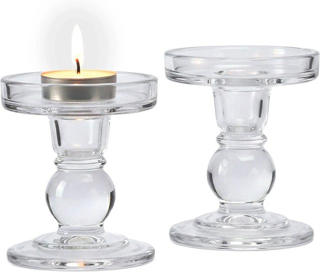 Relaxdays Kerzenhalter 2er Set aus Glas in Transparent für Tafelkerzen und Stumpenkerzen, Durchmesser: 8,5 cm x 8,5 cm - Bild 1