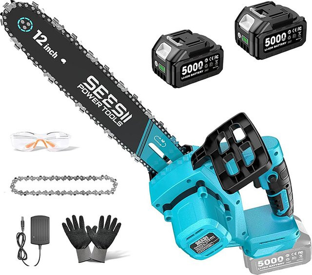 Seesii Akku-Elektrokettensäge 1200W bürstenlos in Türkis, kompatibel mit Makita 18V LXT Akkus, 12 Zoll Garten- und Holzbearbeitungswerkzeug - Bild 1