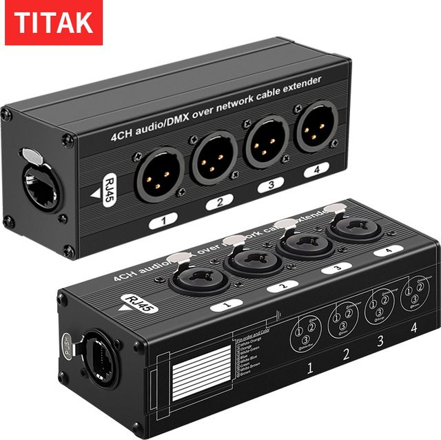 TITAK Multi-Netzwerk XLR-Kabel-Breakout, 4-Kanal 3-Pin Stecker und Buchse zu RJ45 Ethernet/LAN Extender für Audio und DMX, Schwarz - Bild 1