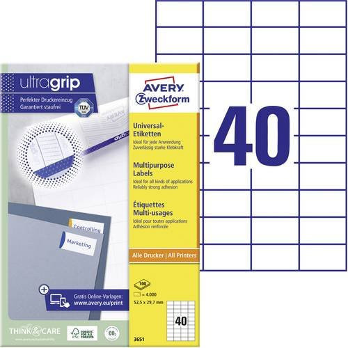 Avery Zweckform Universal-Etiketten 3651, Weiß, B: 52,5 mm, H: 29,7 mm, 4000 Stück - Bild 1