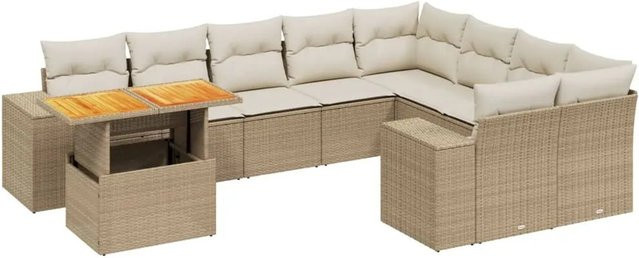 vidaXL 10-tlg. Garten-Sofagarnitur in L-Form aus Poly-Rattan und Akazienholz mit Kissen in Beige-Creme - Bild 1