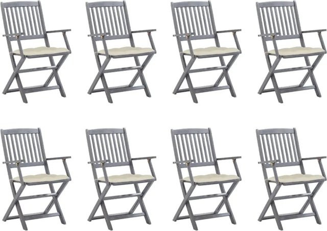 Set aus 8 klappbaren Gartenstühlen von vidaXL aus Akazienholz mit Kissen in Grau und Weiß - Bild 1