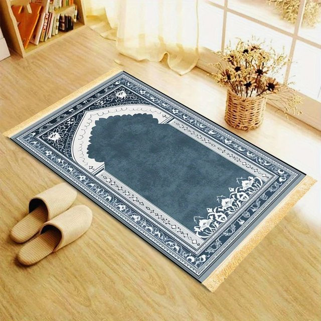 VIKAMA Islamischer Gebetsteppich Sajjadah in Blau, weiche und rutschfeste Gebetsmatte im orientalischen Design - Bild 1