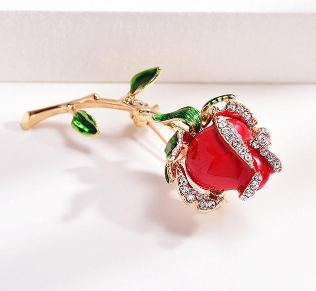 YIRAN Jewelry Brosche, Rote Rose Blume, Zinklegierung, Kristall, Damen - Bild 1