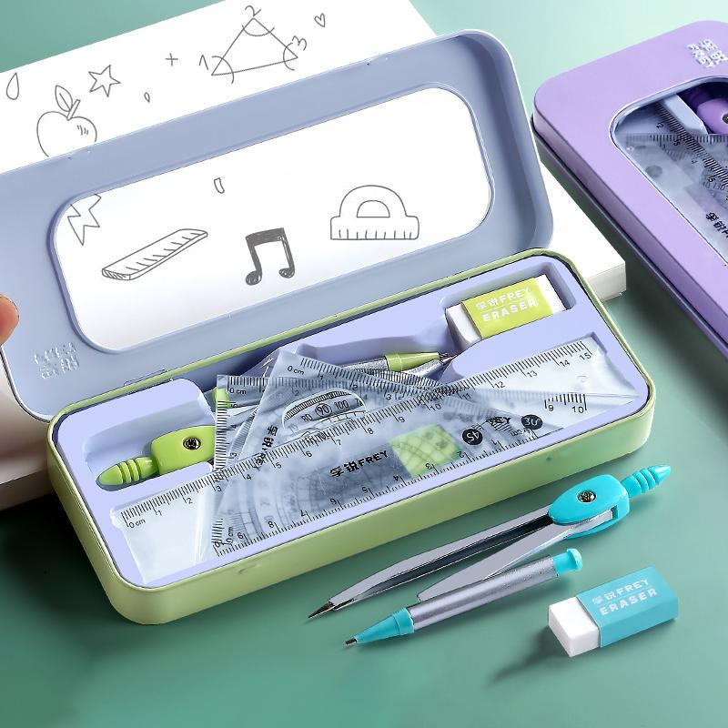 7-teiliges Geometrie-Set aus Edelstahl in Grün mit Zirkel, Lineal und Radiergummi für Schule und Handwerk - Bild 2