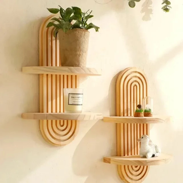 LIUSHADUOLA Wandregal aus Holz im Boho-Stil, geometrisches Wandregal für Wohnzimmer und Badezimmer in Braun und Beige - Bild 1