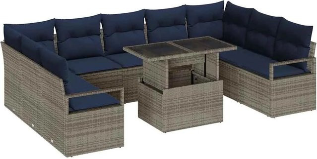 vidaXL Gartensofa-Set 10-teilig aus Poly Rattan in Grau und Marineblau mit Polstern und Tisch - Bild 1