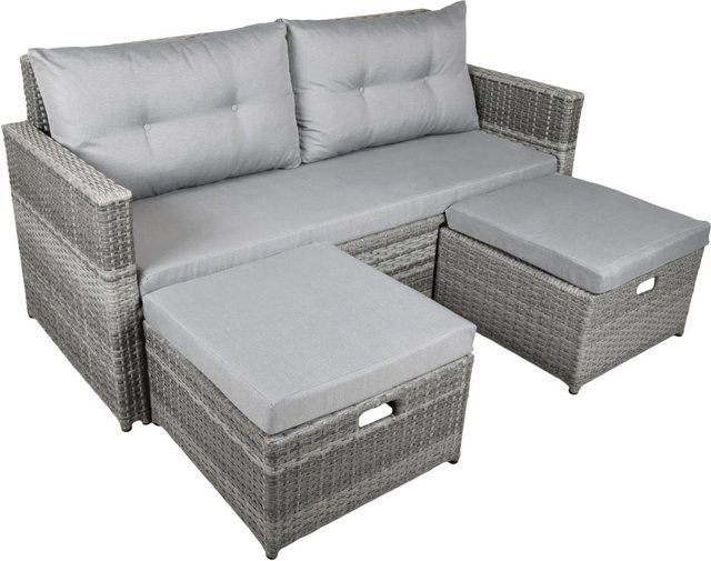 DELUKE Gartenloungeset TRIER Halbrund in Schilfgrau mit Sofa, Fußhocker und Polstern aus Kunststoffgeflecht und Aluminium - Bild 1