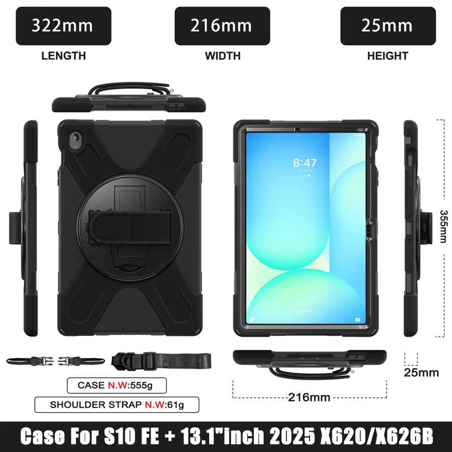 AJIUYU Stoßfeste Kinder Tablet-Hülle für Samsung Galaxy Tab S10 FE und S10 FE Plus (13,1 Zoll), Modell SM-X620 X626B, inklusive Schultergurt, Schwarz - Bild 6