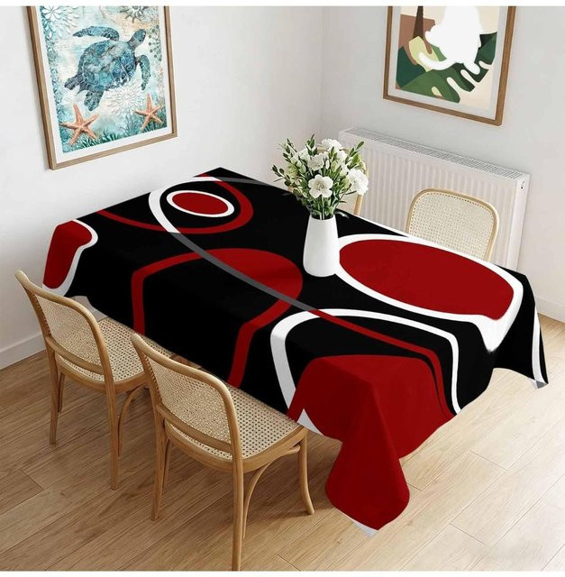 Wasserdichte rechteckige Tischdecke von JINGYUE Pet in Burgunderrot und Schwarz mit abstraktem geometrischem Farbblock-Design, B/T: 140 x 140 cm - Bild 1