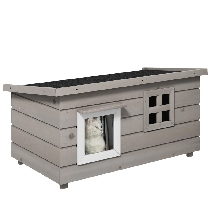 PawHut Katzenhaus aus Tannenholz in Grau mit wetterfestem Dach und erhöhtem Boden, B/T/H: 52 x 44 x 87 cm - Bild 2