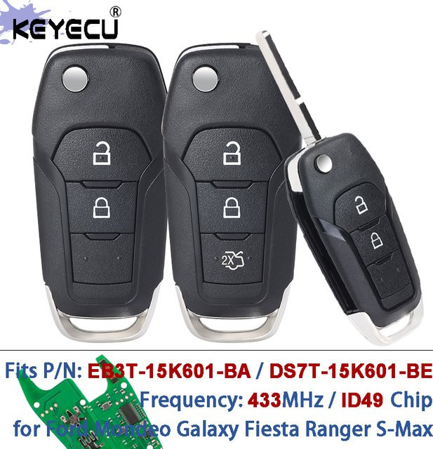 KEYECU Fernschlüsselanhänger 433 MHz ID49 Chip in Schwarz für Ford Ecosport Ranger Mondeo Galaxy Fiesta 2014–2019 EB3T-15K601-BA DS7T-15K601-BE - Bild 1