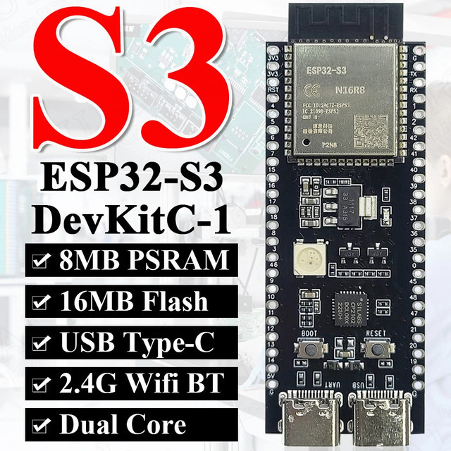 ESP32-S3-DevKitC-1 Entwicklungsboard mit 16MB Flash, 8MB PSRAM, Bluetooth 2.4G und WLAN, N16R8 Modul mit USB-C Anschluss, Schwarz - Bild 1