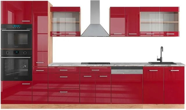 Vicco R-Line Küchenzeile Bordeaux Hochglanz in Goldkraft Eiche mit Hochschrank und Marmor-Arbeitsplatte, Breite: 350 cm - Bild 1