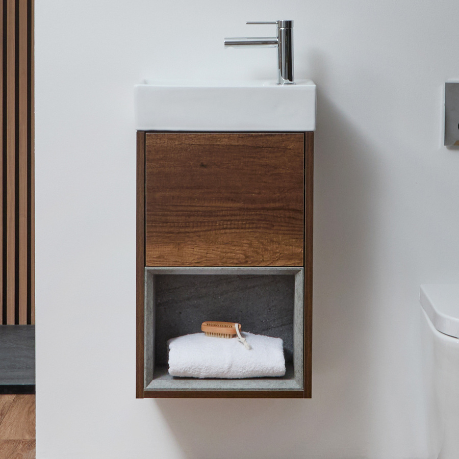 Hudson Reed Hängender Waschtischunterschrank mit Waschbecken in Eiche Braun, Modernes Design mit Soft-Close-Türen und offenem Regal - Bild 1