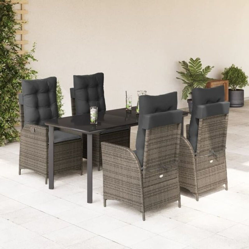 5-tlg. Garten-Essgruppe aus Poly-Rattan und Metall mit Glasplatte und Kissen in Grau und Schwarz von vidaxl - Bild 1