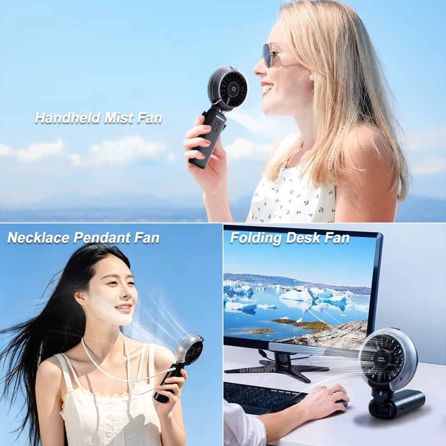 Bcomfy Mini-Nebel-Handventilator in Schwarz, wiederaufladbarer und faltbarer Sprühventilator mit Digitalanzeige und Luftbefeuchter-Funktion zum Umhängen - Bild 3