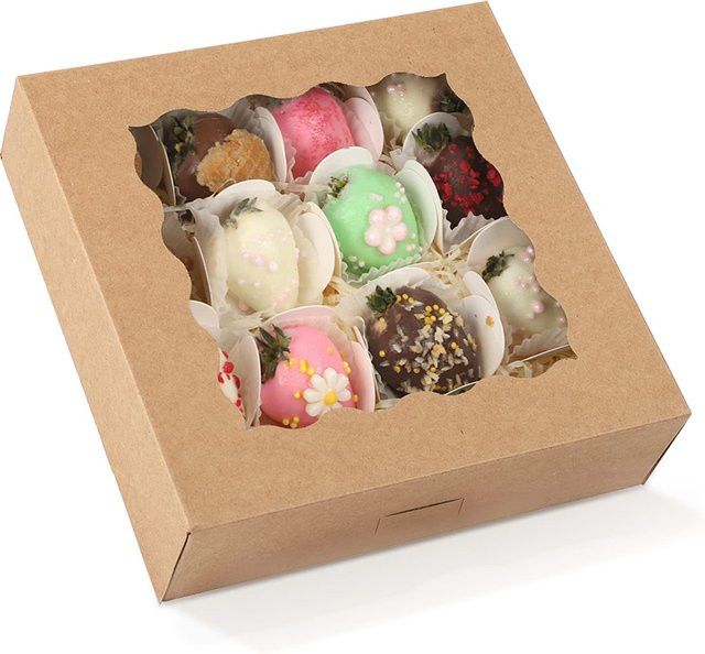 20 Stück Kuchenbox mit Fenster aus Kraftpapier in Pink und Braun, B/B: 22,9 x 22,9 cm, Dessertbox für Gebäck, Cupcakes und Schokolade inklusive 1 Aufkleber - Bild 1