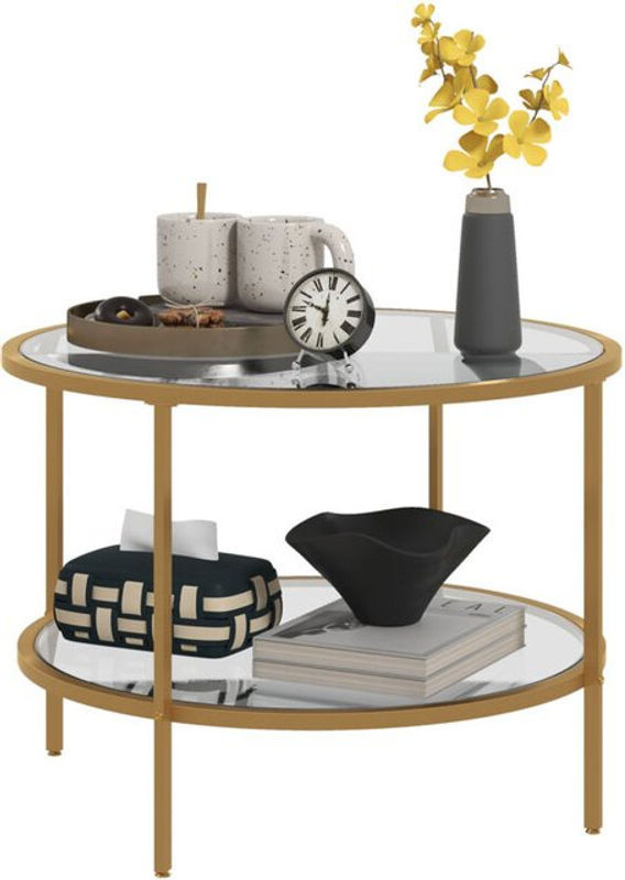 Homcom Beistelltisch Rund mit Ablage in Gold, moderner Couchtisch aus Glas und Stahl mit Durchmesser: 60 cm, Höhe: 43 cm - Bild 1