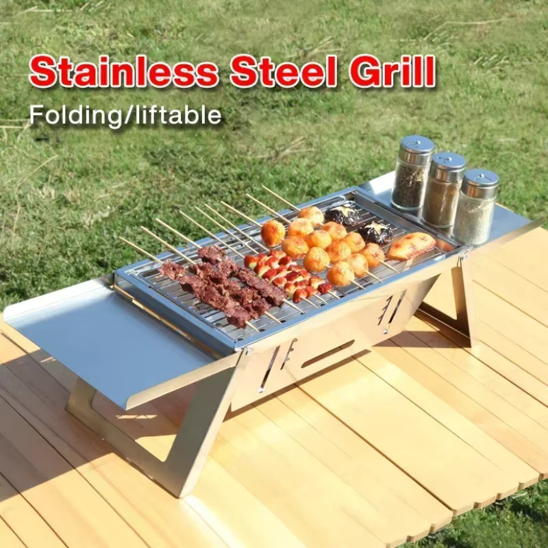DUTRIEUX Tragbarer BBQ-Grill aus Edelstahl in Silber mit Rotisserie und Spießständer, zusammenklappbarer Holzkohleofen für Camping und Picknick - Bild 5