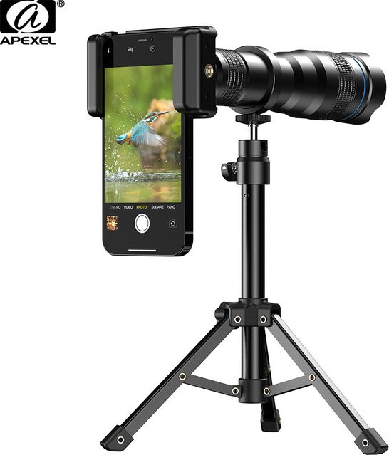 APEXEL 4K 36X Monokulares Teleskop Zoom Teleobjektiv für dein Smartphone mit Metall Halterung und Stativ in Schwarz - Bild 1