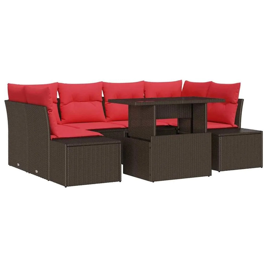 vidaXL Gartenmöbel Set aus Poly-Rattan in L-Form mit 3-Sitzer Sofa, Eckelement, Couchtisch und 7 Kissen in Braun und Rot - Bild 2