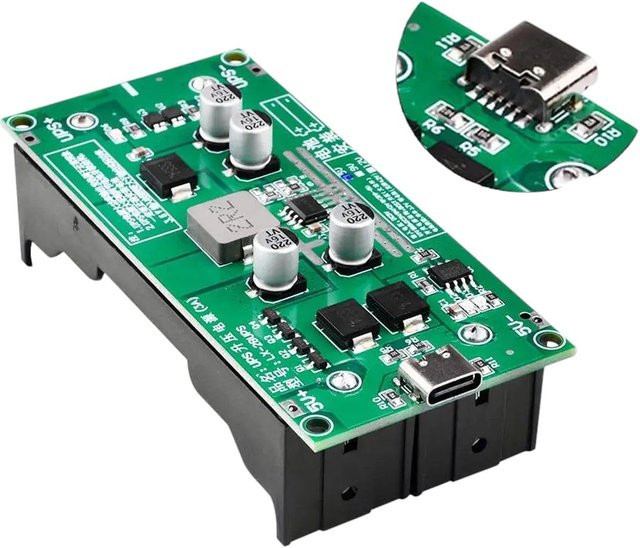 AOKIN 18650 Lithium-Batterie-Ladegerät-Modul mit DC-DC-Aufwärtswandler, 15 W, 3 A Schnellladung, USV-Funktion und USB-C Anschluss, Farbe: Grün - Bild 1