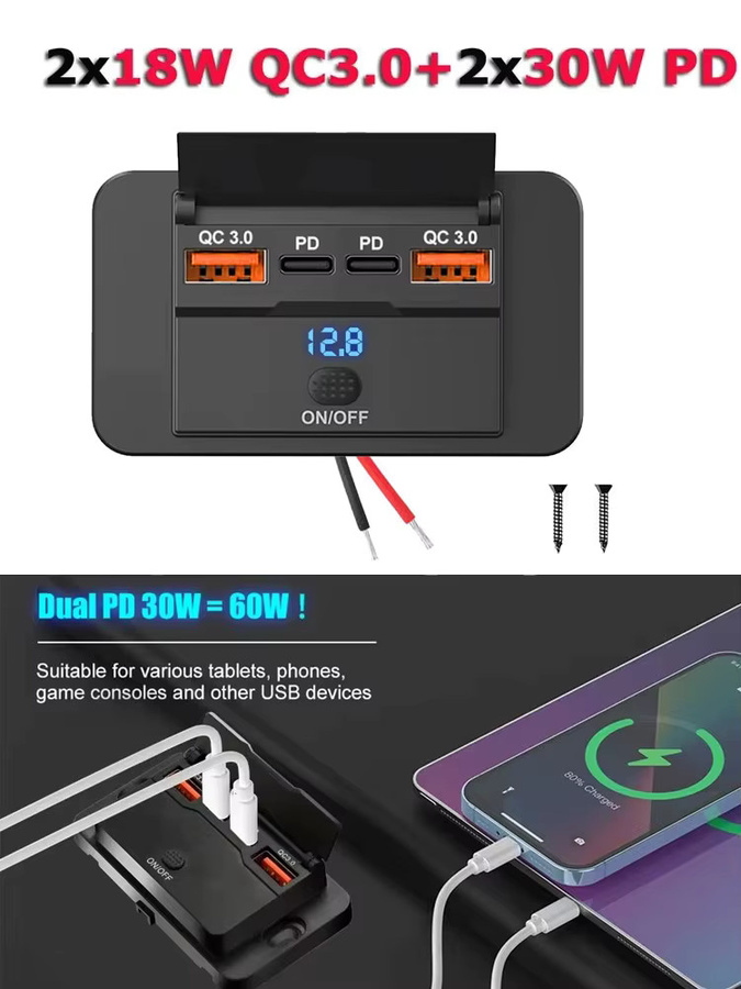 Kebidumei 96W USB Schnellladegerät mit 4 Ports, Dual PD und Dual QC 3.0, Typ C USB Power Panel mit Schalter für Bus, LKW und Marine, Schwarz - Bild 7