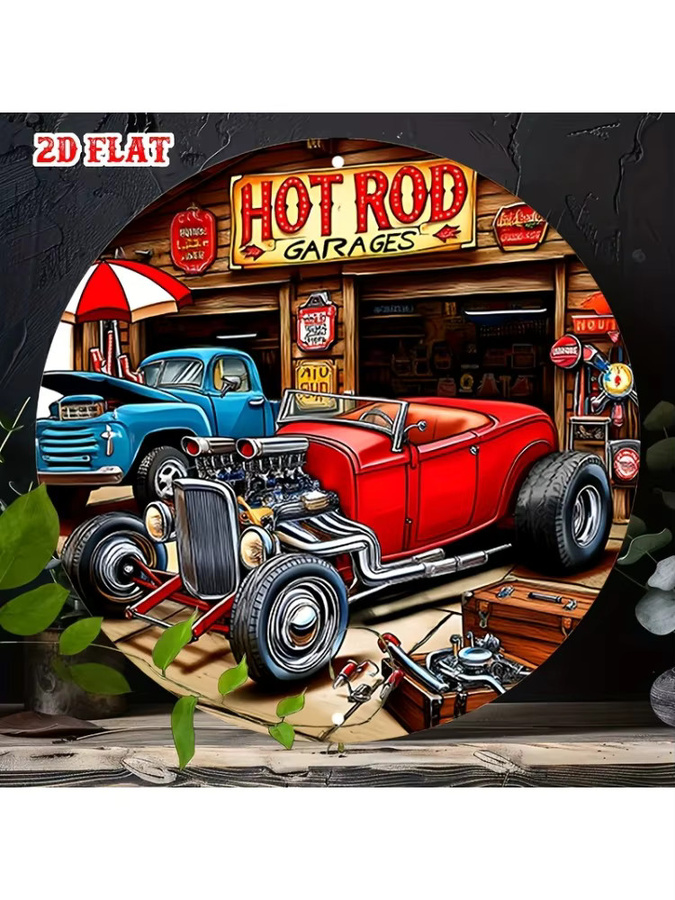 Potdemiel Vintage Metallschild Hot Rod Garage Rundes Aluminium Poster Retro Design Durchmesser: 20 cm - Bild 7