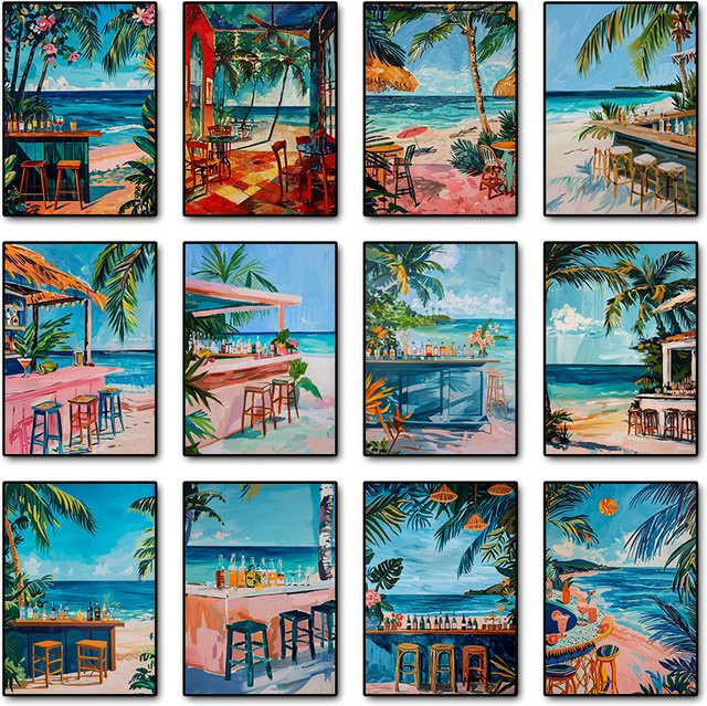Potdemiel Wandkunst Poster Karibische Strandbar Tropische Cocktailbar am Meer im Querformat, Mehrfarbig - Bild 1
