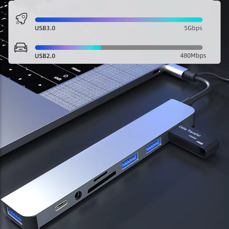 Kebidumei 8-in-2 USB-C Hub Dockingstation mit USB 3.0, 5 Gbit/s Hochgeschwindigkeitsübertragung, USB OTG Adapter in Silber für MacBook Pro - Bild 3